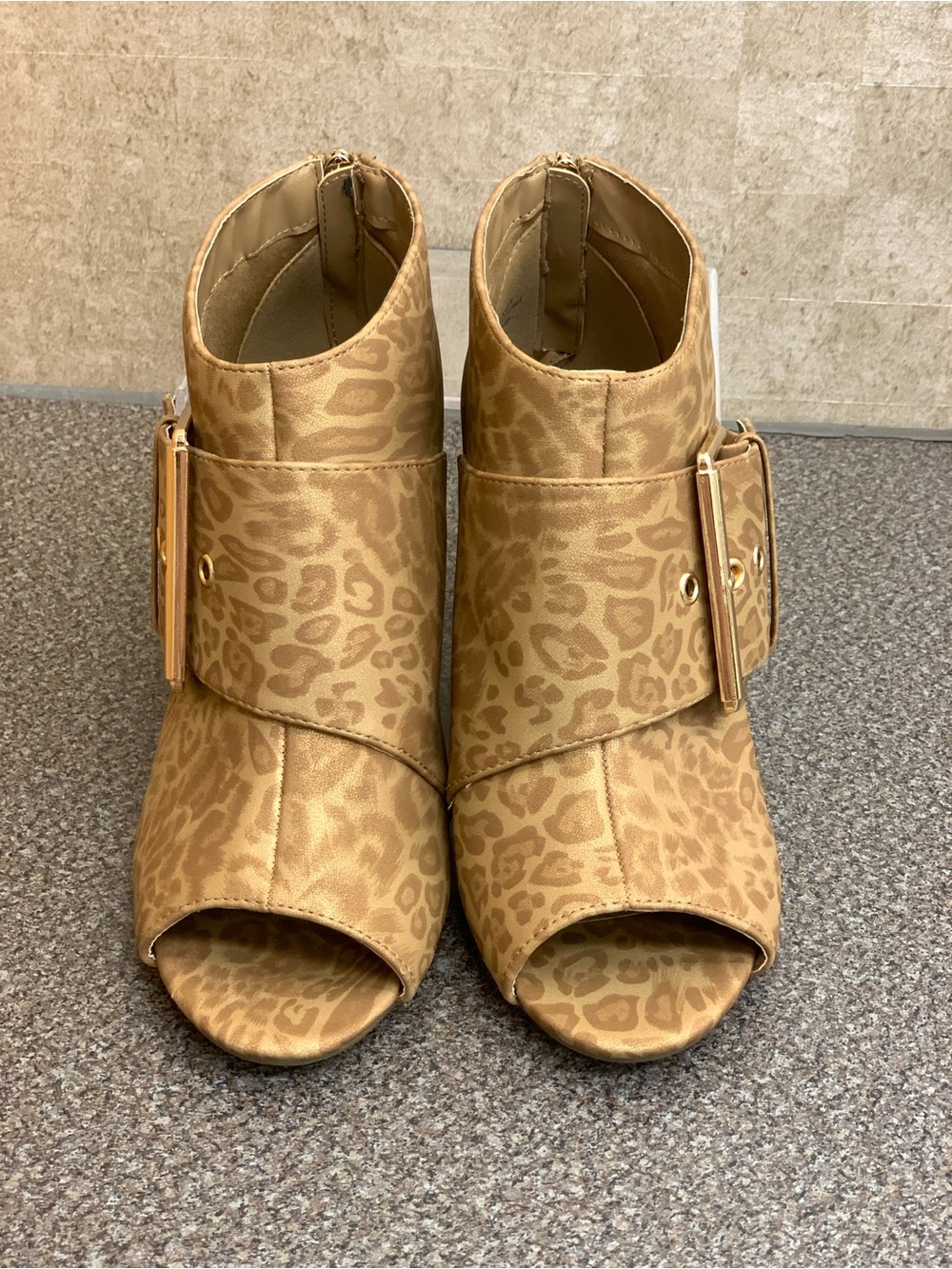 Leopard Print Tan Open-Toe Ankle Boots